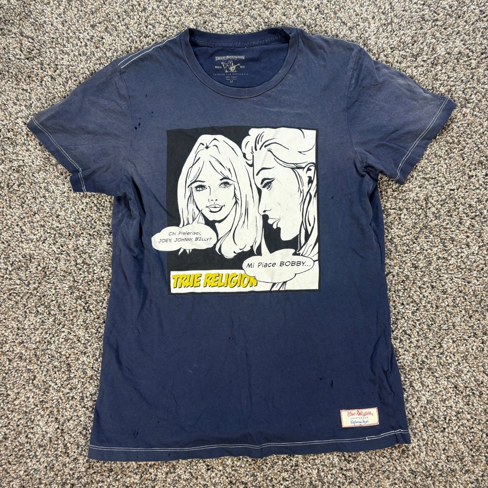 True Religion Men's Size M Comic Graphic T-Shirt Navy Blue Distressed